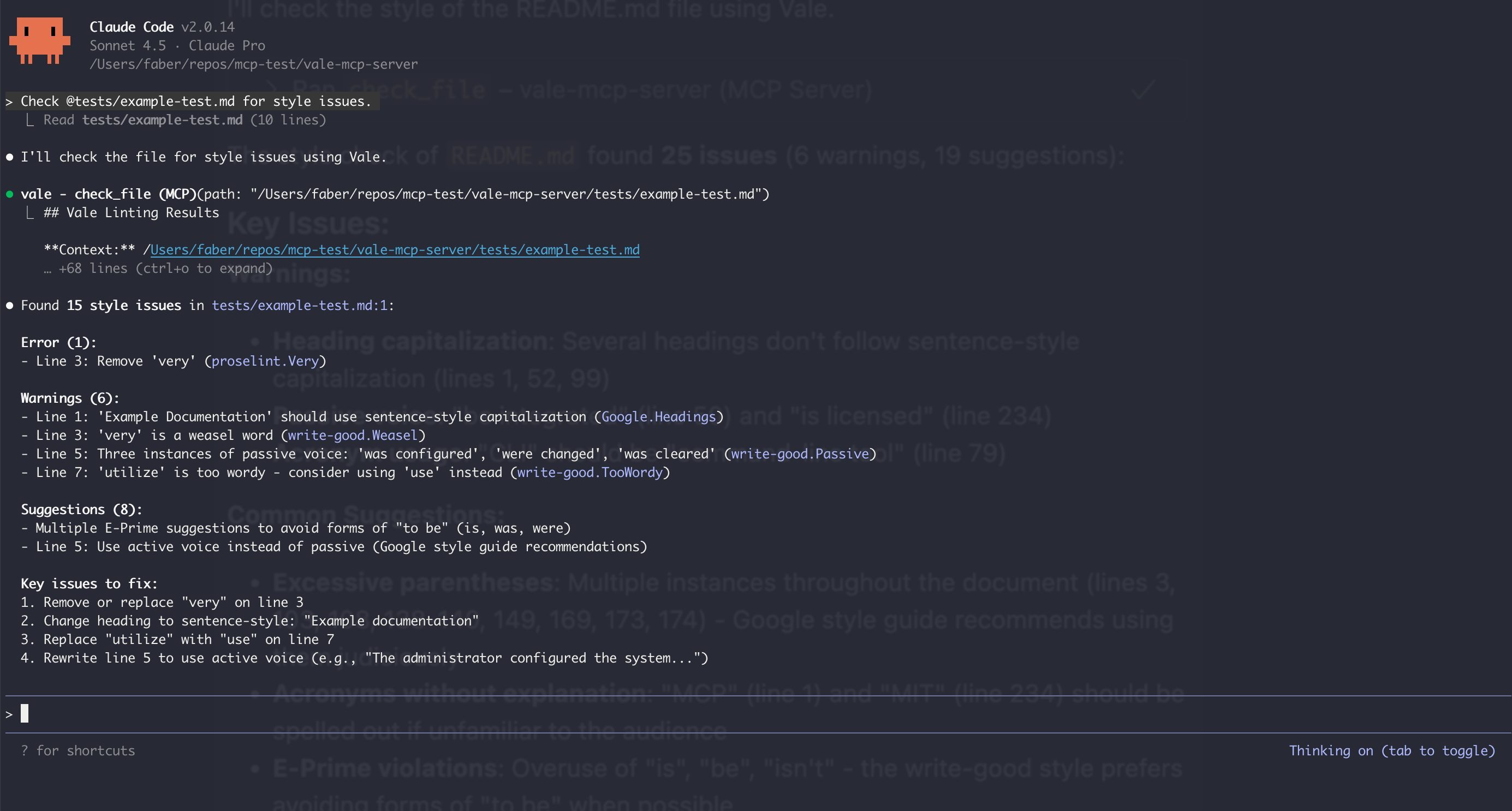 Claude Code using the Vale MCP server