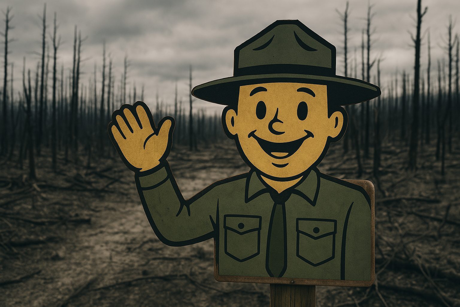 Ranger sign in front of a post-apocaliptic scenario